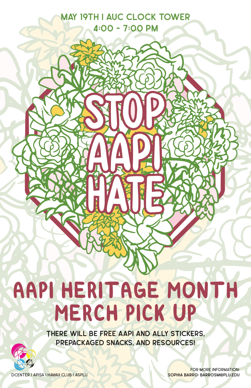 Poster with a stop sign of white, pink and beige flowers in the middle, the text reads 'Stop AAPI Hate'